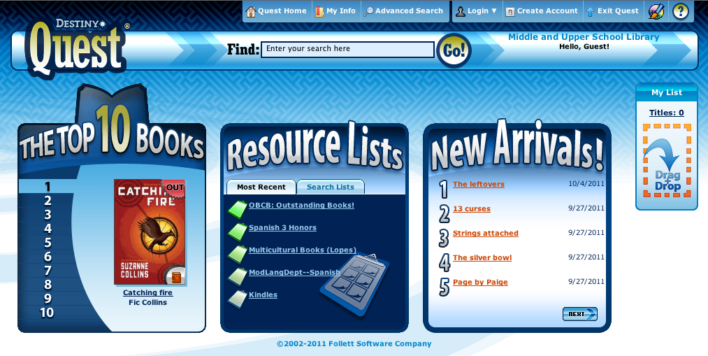 Screen shot of Destiny Quest search interface that links to an online demo